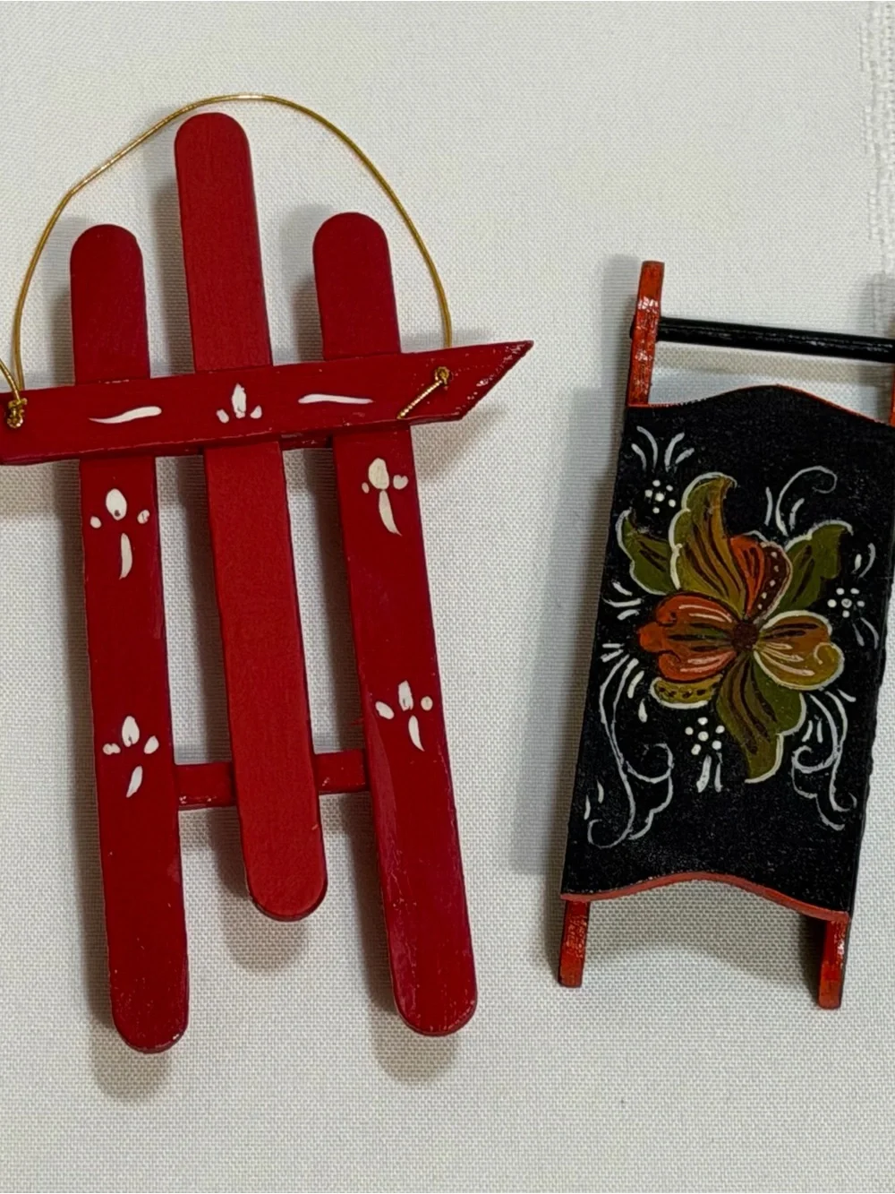 2 Wood Sleigh Sled Primitive Vtg Folk Art Rosemaling Ornaments Dollhouse